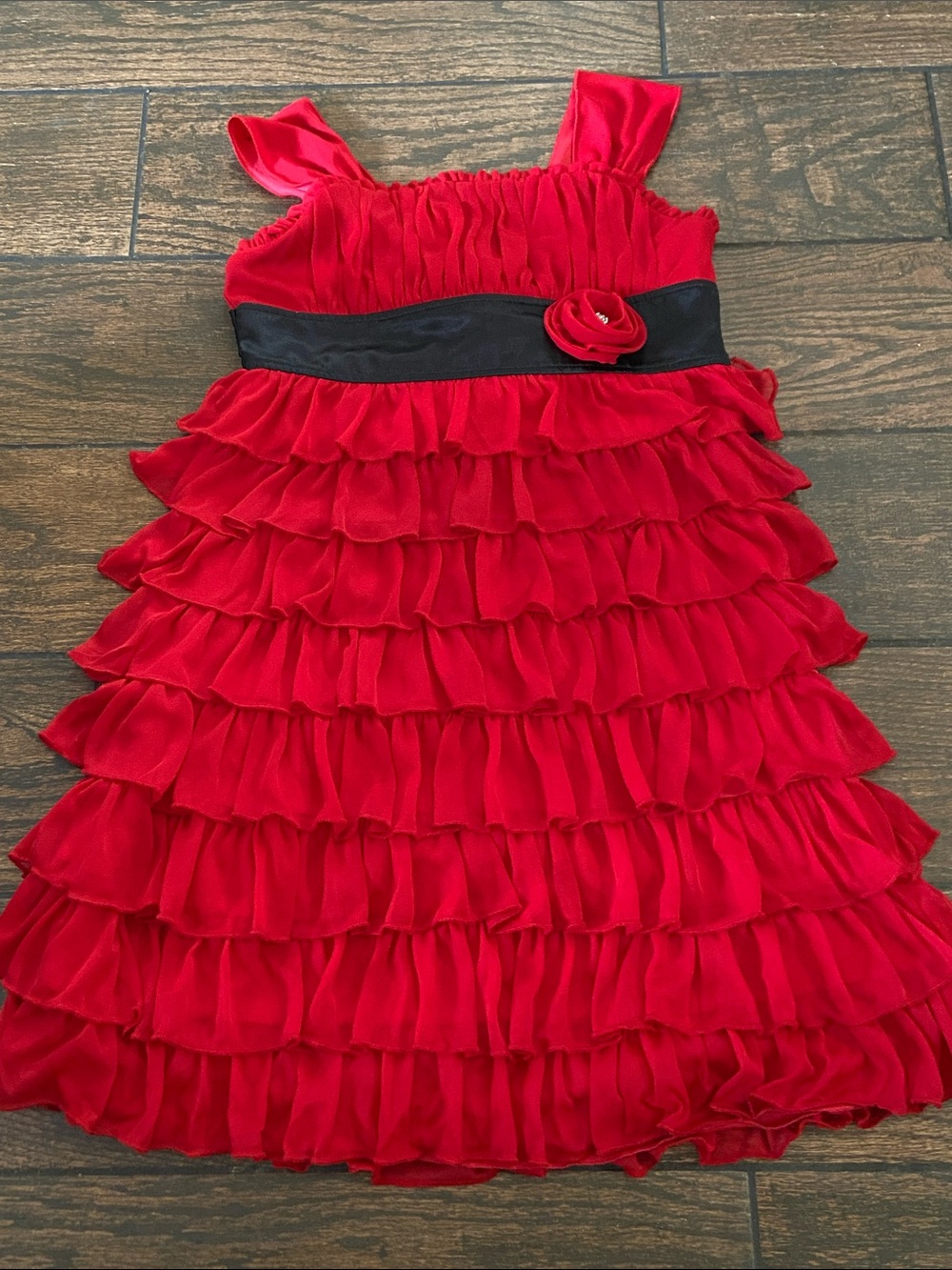 My Michelle Red Ruffle Tiered Dress with Black Sash Size 14